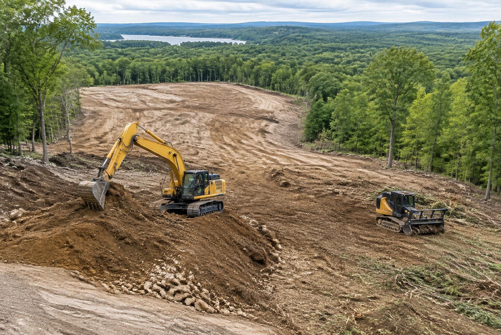 Excavator and forestry mulcher clearing a large property